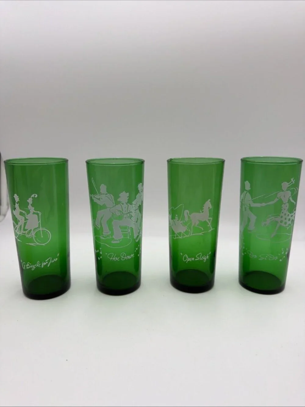 4 ANCHOR HOCKING GREEN DRINKING GLASSES MCM Various Scenes Highball 6.5”